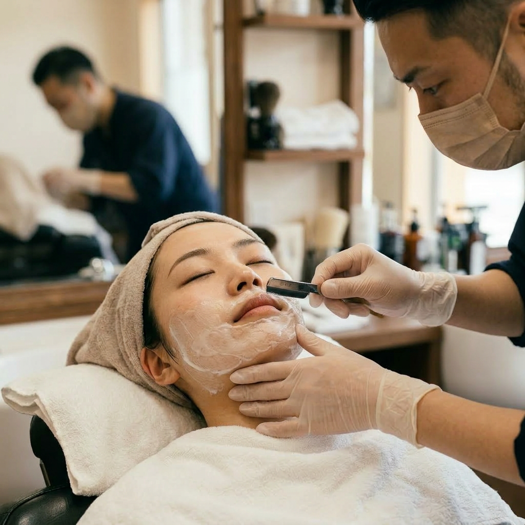 Client with cream on face receiving a professional shave from an esthetician wearing gloves and mask.